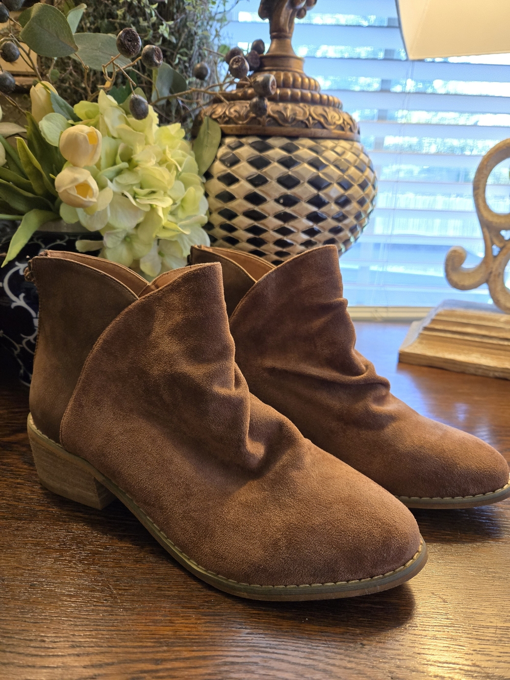 Women’s Suede Brown Ankle Booties – Slouchy Low Heel Boot
